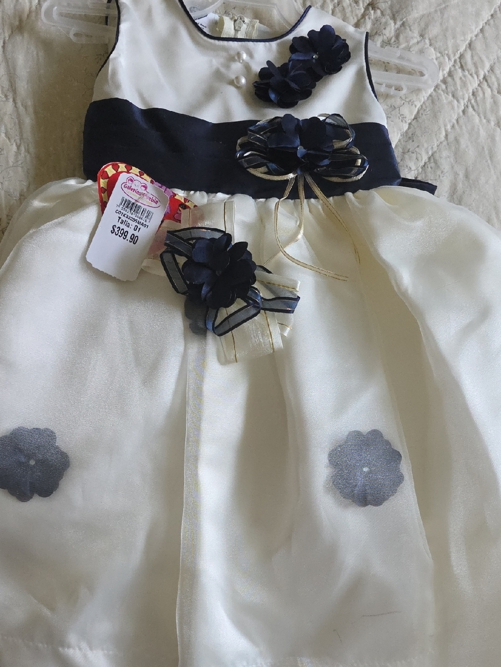 Ivory and Navy Flower Accent Girls Dress Size 1